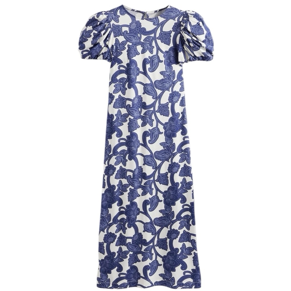 Boden Blue and White Floral Puff-Sleeve Maxi Dress
